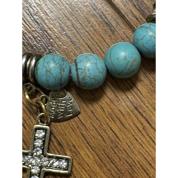 Beaded Blue Bracelet with Cross Made With Love Faux Turquoise Stretchy Rhineston - Picture 6 of 7